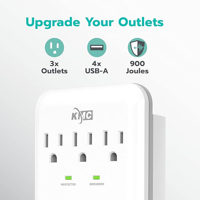 KMC 3-Outlet Wall Mount Surge Protector, 900 Joules, 4 USB 4.8 AMP USB Charging Ports, Phone Holder Cradle for Home, School or Office, ETL Certified