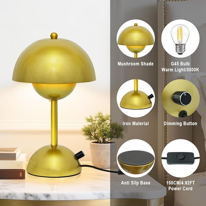 Mushroom Table Lamp with Golden Finish,Dimmable Desk Light with Rotary Knob for Bedroom Study Office Decor,30CM Adjustable Warm White Lighting,4W LED Minimalist Accent Lamp,E26 Bulb Included(G45)