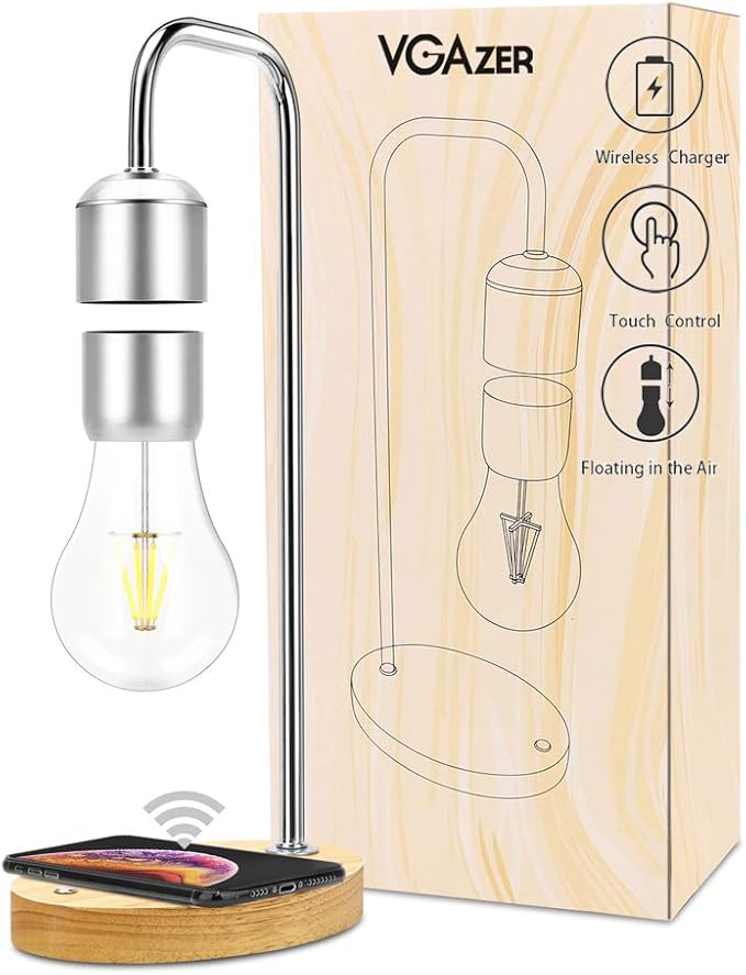 VGAzer Magnetic Levitating Floating LED Light Bulb with Wireless Charger Levitating Lamp (‎Silver)