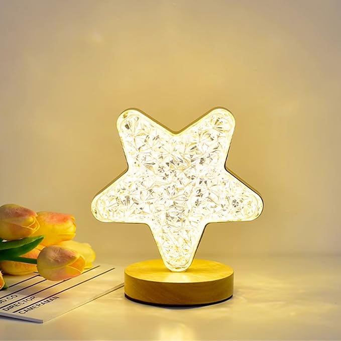 Countertop Crystal Lamps Star Table Lamps with Base Touch Control,Rechargeable and Dimmable Bedside Nightstand Nursery Light 3 Color Adjustable, Christmas Ramadan Bedroom Decorations Gift,7x4x4in