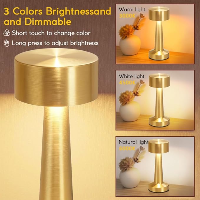 Portable LED Table Lamp, 3-Levels Brightness Metal Desk Lamp,3 Color Touch Control Rechargeable Lamp, Ideal Bedside Lamp for Nightstand,Bedroom, Living Room (Light Golden)