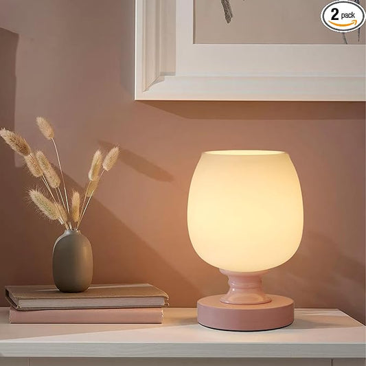 Small LED Table Lamp for Bedroom, 2 Sets Glass Desk Light, 3CCT Bulb Included Pink