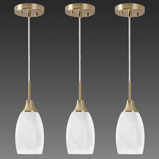 Mini Glass Pendant Light 3-Pack Handblown Art White Swirl Oval Hanging Pendant Lamp 4.72" Glass Chandelier for Kitchen Island Dining Room Living Foyer Hallway Entry Brushed Gold Finish