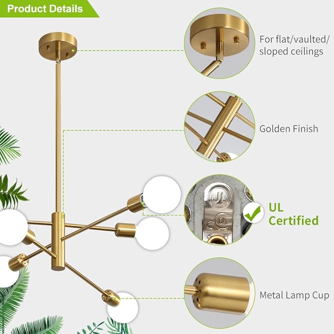 Sputnik Chandelier Modern Industrial E26 Gold Chandeliers Mid Century Ceiling Lighting Fixture for Living Room, Kitchen, Bedroom, Dining Room, and Farmhouse