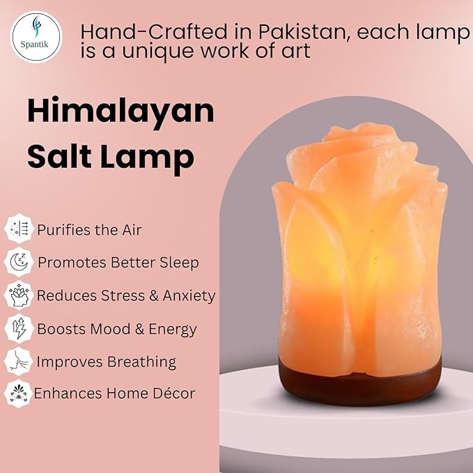 Spantik Tulip Shape Himalayan Pink Salt Lamp | Hand-Carved Rock Salt Flower Lamp | Natural Salt Night Light Desk Lamp for Home Office Decor | Himalayan Salt Lamps Sourced from Pakistan