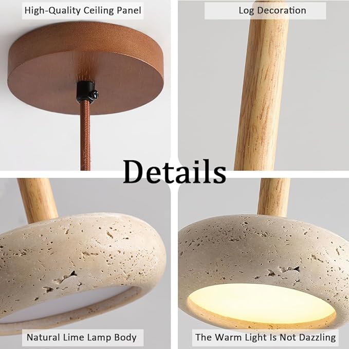Wabi Sabi Pendant Light, 5.9" Yellow Travertine Pendant Light with Round Natural Stone Shade, Nordic Wood Pendant Lamp for Bedroom Bedside Light Living Room Kitchen Island Entryway Hallway