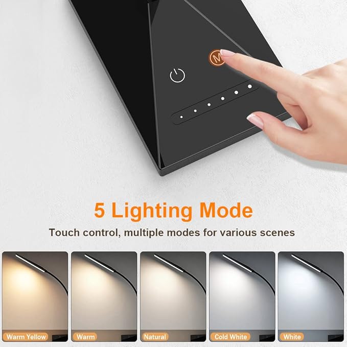 Vansuny LED Desk Lamp with USB Charging Port, Eye-Caring, 5 Color Modes,6 Brightness Levels, Touch Control, Adjustable Neck, Memory Function for Dorm Office Work Bedroom (12W,Black)