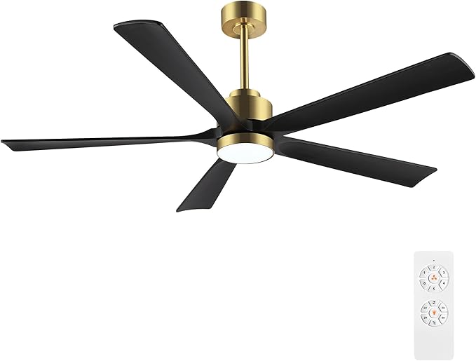 ELEHINSER 52" Modern Ceiling Fan with Light and Remote Control, 5 Solid Wood Blades 6-Speed Noiseless Reversible DC Motor, Ceiling Fan for Bedroom Dinning Living Room, Gold Finish with Black Blades