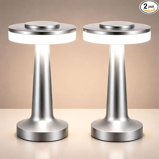 Riakrum 2 Pcs LED Portable Cordless Table Lamp with Touch Sensor 3 Color Stepless Dimming Rechargeable Battery up to 15 Hours Cordless Table Light Wireless Lamp for Nursery (Silver)