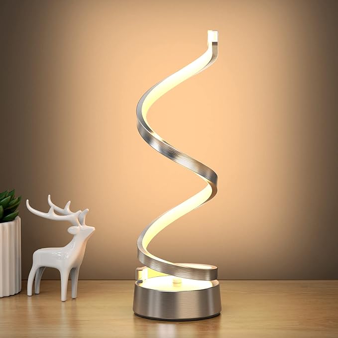 NUÜR Infinity Spiral LED Table Lamp, Dimmable Metallic Bedside Lamp with Touch Controller, 3 Colour Temperature, 15.8 Inch Height, Decorative Lamp for Home, Living Room & Office (Silver)