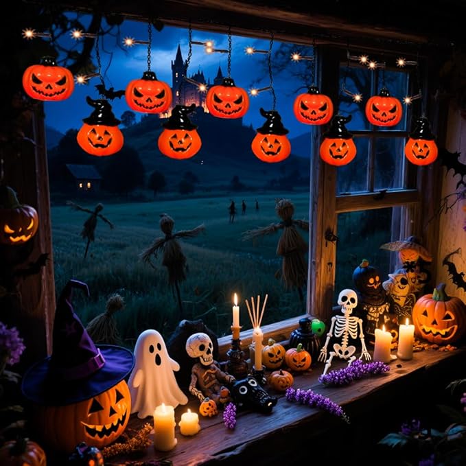 6ft Halloween Pumpkin Curtain String Lights, Led Icicle Light Strand, Jack-o'-Lantern with 8 Modes Battery Operated Indoor Outdoor Holiday Decoration
