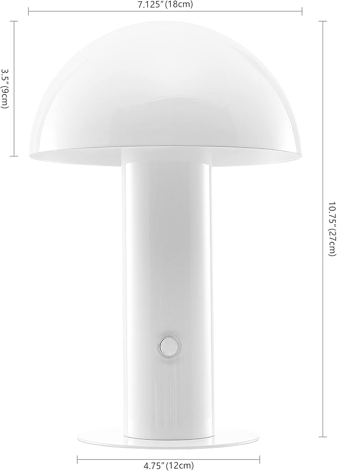 JONATHAN Y 10.75" White Rechargeable LED Mushroom Table Lamp, Cordless Portable Bedside Lamp for Living Room Bedroom, 3-Way Dimmable Modern Iron Desk Light, Metal Shade (JYL7115B)