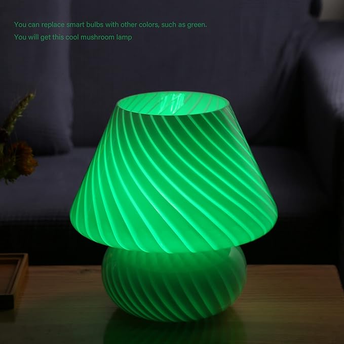BSOD Swirl Mushroom Lamp, Vintage Bedside Table Lamps 9.9" Striped White Translucent Murano Glass Big Mushroom Decor Night Light for Desk, Bedroom, Nightstand, Home Office, Birthday Gifts...