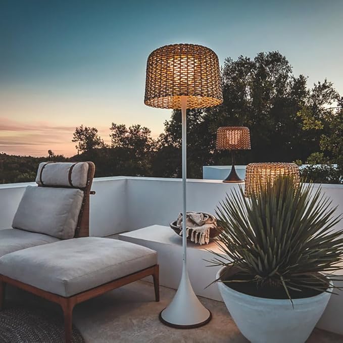 Serenity Metal & Rattan Floor Lamp | 3000K LED Standing Lamp for Indoor & Outdoor Use | Modern Living Room, Bedroom & Balcony Lighting | Weather Resistant & Easy Assembly - Solar