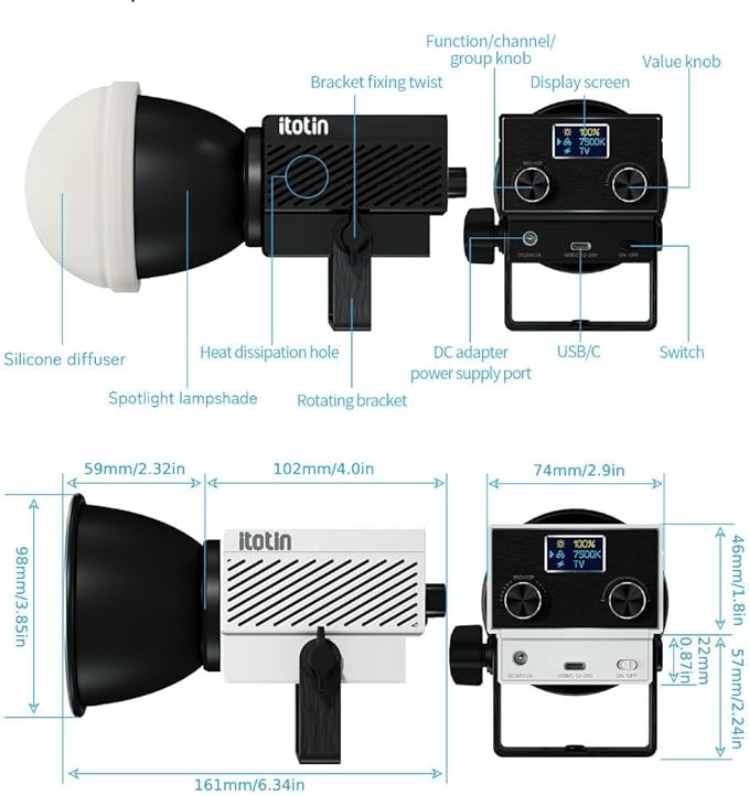 LED Video Light, 60W Mini COB Continuous Output Lighting Studio Photography Light, 2700K-7500K, CRI>96, TLCI>97, 2.4G/APP Control, 8 Lighting Effects (1 Pack, White)