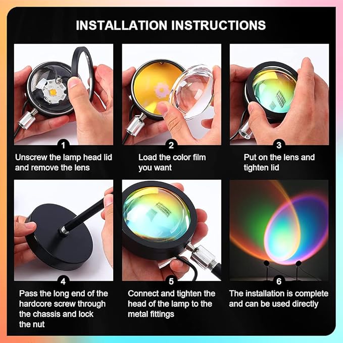 Sunset Lamp, Projector Rainbow Light 360 Degree Rotation Sunset Projector Lamps, Projection Night Light for Selfie/Photography/Home/Bedroom Decor/Living Room, USB Night Light (6 Colors) 1