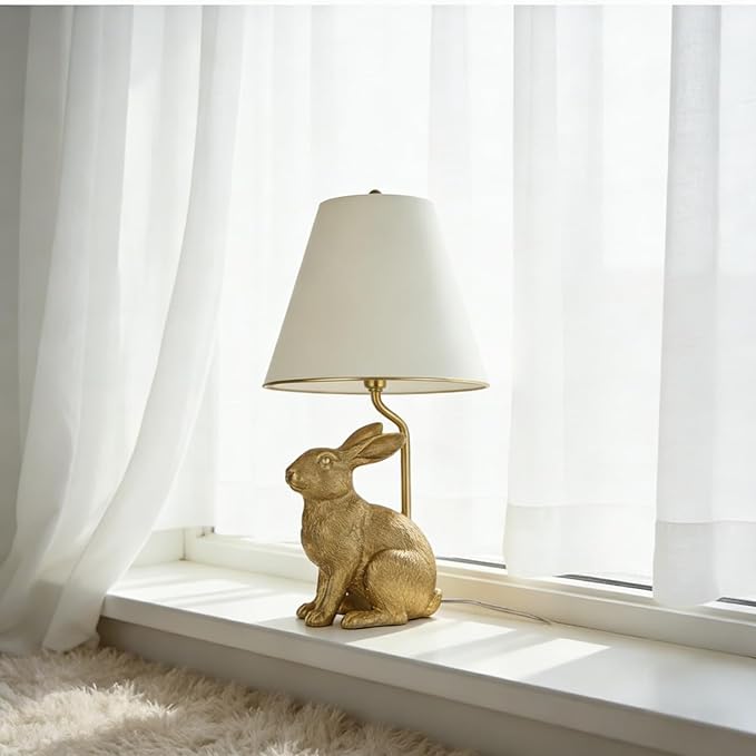Golden Bunny Table Lamp with Tapered Linen Shade, Gold Finish Rabbit, Easter Decor Collection, Animal Light for Indoors, Bedroom, Study, Kids Room