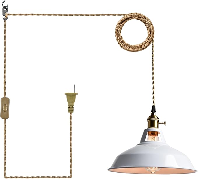 YUBOLE Industrial Swag Hanging Light with Switch Adjustable Height Pendant Lighting with White Metal Barn Shade for Kitchen Foyer Dining