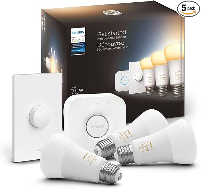 Philips Hue 553925 White Ambiance Base Lumen (60W) Smart Button Starter Kit Works with Amazon Alexa, Google Assistant, Apple HomeKit 60 Watt (Old Version), 3 Count (Pack of 1)