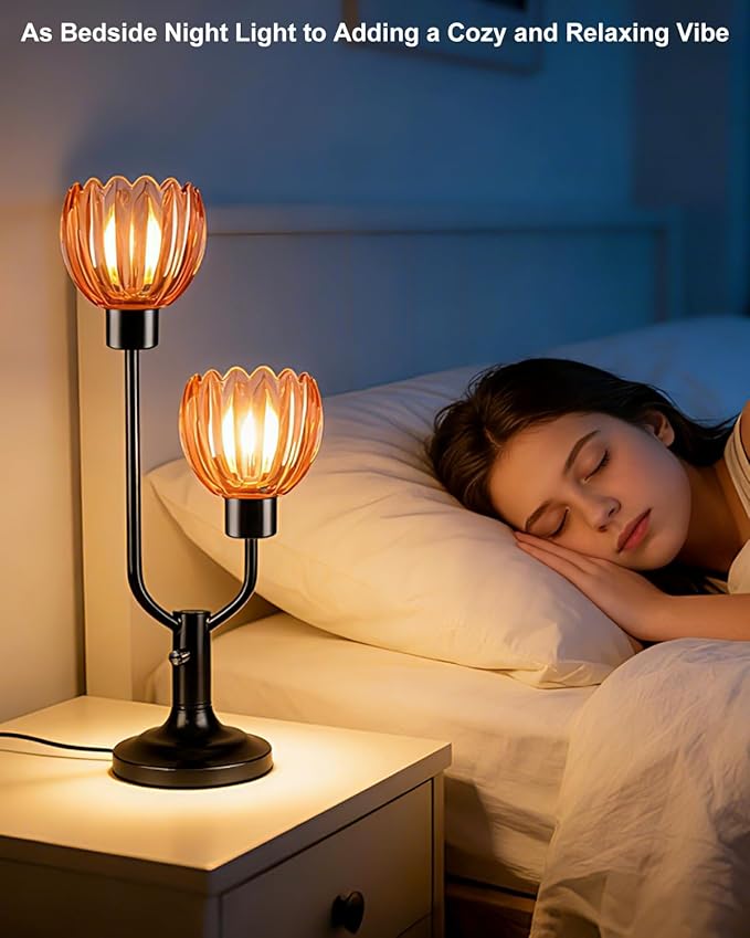 Lightdot Mid Century Modern Glass Table Lamp Black Dimmable U-Shaped Desk Lamps with Deep Red Lotus Glass Shade& 2Pcs 3000K Warmwhite Bulbs Included Bedside Nightstand Lamp for Living Room Bedroom