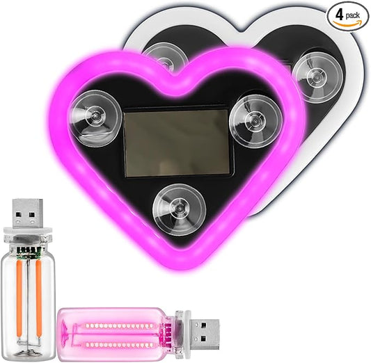 Valentines Day Decorations Car LED Interior Lights, Solar & Type-C Rechargeable Heart-Shaped Car Ambient Lights, 2 PCS Heart Lights & 2 PCS Mini USB Lights, Pink Car Decorations