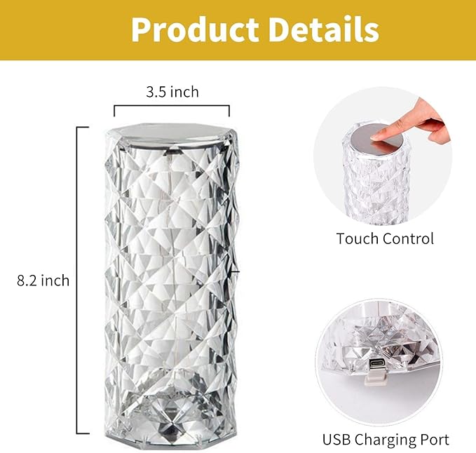 Crystal Lamp, Touching Control Table Lamp 16 Color Changing LED Rose Diamond Lamp River Silver Nightstand Night Light for Bedroom, Home Office, Bar Party, Christmas, Birthday Gifts (Large)