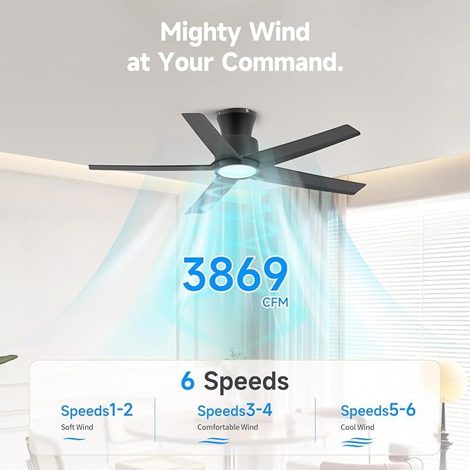 ocioc 44 Inch Ceiling Fans with Lights, Large Air Volume Ceiling Fan with Nightlight, Ultra Quiet Reversible DC Motor with Remote（Black）