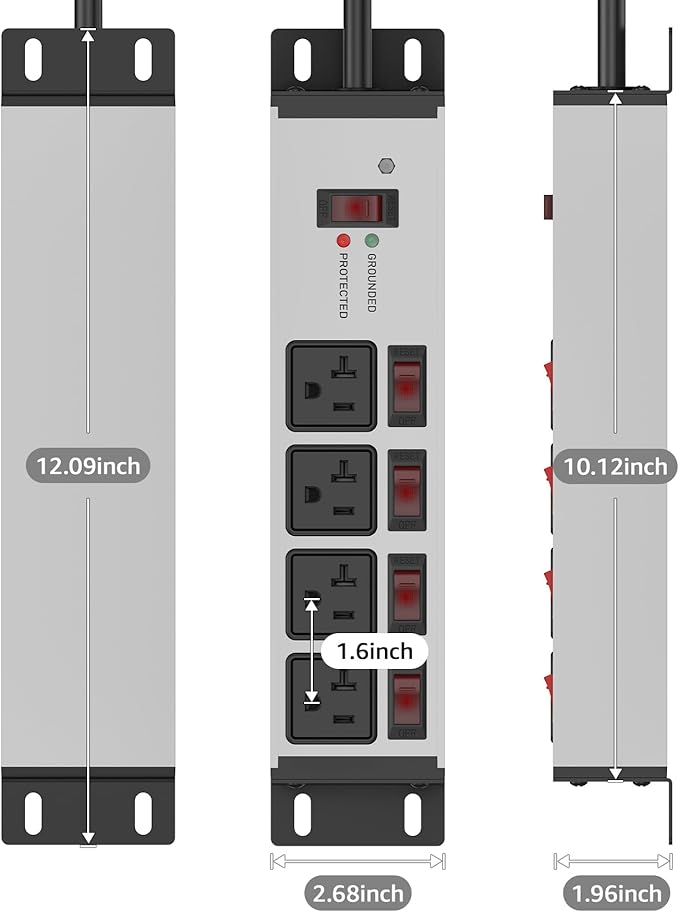 CCCEI Heavy Duty Surge Protector Power Strip 20 Amp Individual Switches. 25FT 12 Gauge Extension Cord with Multiple Outlets. Kitchen, Garage, Shop, Industrial Wall Mount Electric Extender, Grey.