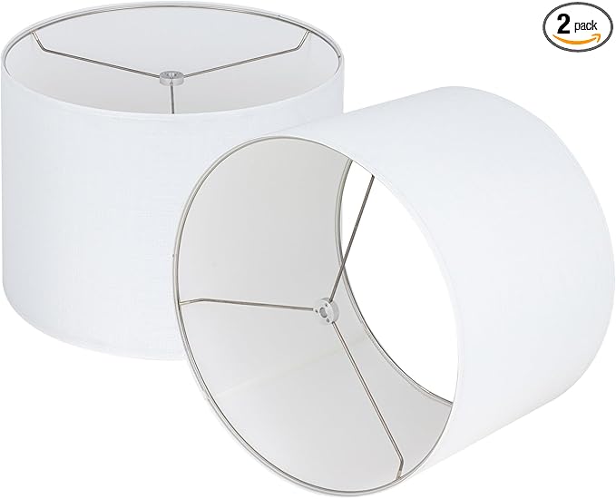 Wellmet White Set of 2 Drum Lampshades, Easy Assembly Required 16" Top x 16" Bottom x 12" High Replacement Lamp Shades, Fabric Lampshades for Table Lamps Floor Lamps, Metal Spider Fitter