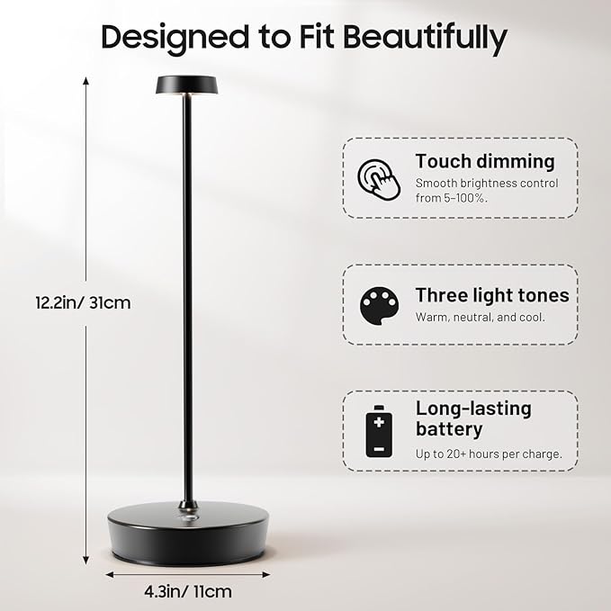 2Pack Cordless LED Table Lamp，Rechargeable Battery Operated Table Light, 3 Color Stepless Dimmable Table Lamp, Portable Table Light for Outdoor/Restaurants/Patio