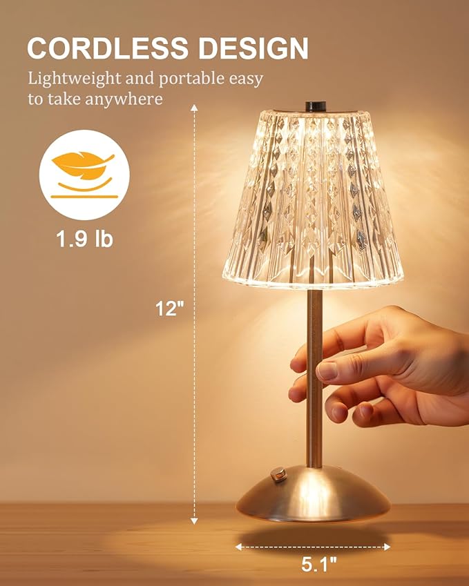 Cordless Touch Table Lamp, LED Rechargeable Small Dask Lamp, 3 Colors Dimmable Battery Operated Crysta Lamp for Bedroom Restaurant Kitchen Home Decor, Gold, 2pcs (2, Silvery)