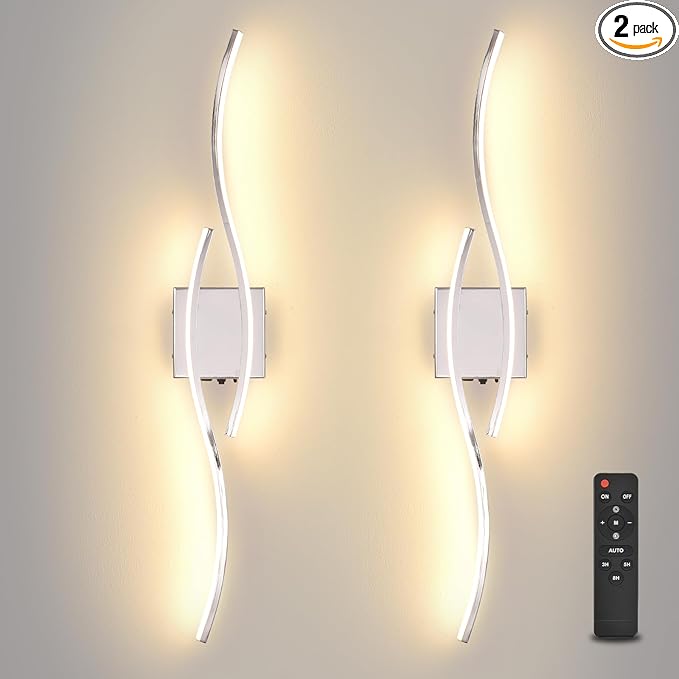 Battery Operated Wall Sconce, Silver LED Battery Wall Light dimming with Remote Control, 31.4Inch Rechargeable Chrome Wireless Wall Lights for Living Room, Bedroom, and Stairs Wall Sconces (2 Pack)