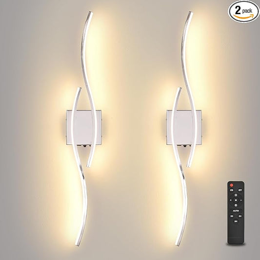 Battery Operated Wall Sconce, Silver LED Battery Wall Light dimming with Remote Control, 31.4Inch Rechargeable Chrome Wireless Wall Lights for Living Room, Bedroom, and Stairs Wall Sconces (2 Pack)