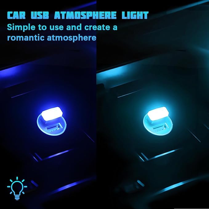 4PCS/Set USB LED Car Interior Atmosphere Lamp, Portable Mini Vehicle LED Night Light, Plug-in USB Interface Automotive Interior Ambient Lighting Kit Accessories, Universal Fit (Blue+Ice Blue)