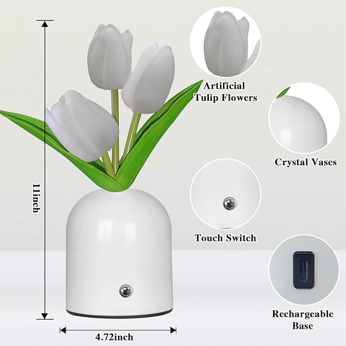 Birthday Gifts for Women/Mom Table Lamp, 3 Color Crystal Flower Bedside Lamps Infinitely Dimming with USB Charge Small Night Light,Nightstand Touch Lamp for Bedroom (S-White)
