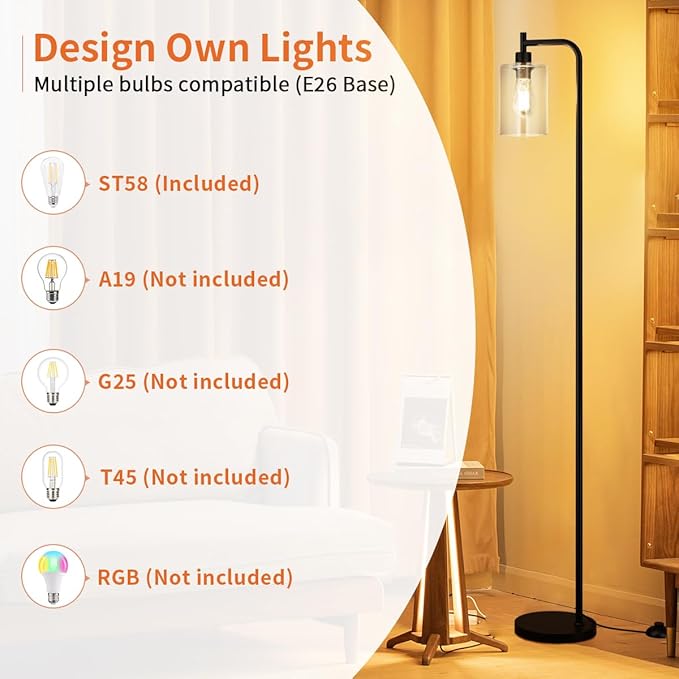 Floor Lamps for Living Room - Standing Lamp with Grey Glass Shade, Modern Floor Lamp with LED Bulbs, Industrial Floor Lamp for Bedroom, Black Tall Lamp for Office(Light Bulb Included)