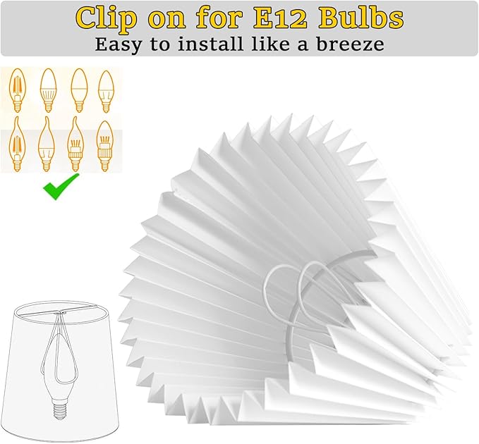 6 Pack White Pleated Chandelier Shades, 3" Top x 6" Bottom x 5" High, 3.0x6.0x5.0 Inches Fabric Lampshade, Perfect Covers for 6-Light Pendant Light or Wall Sconce, Clip On Bulb E12 Socket(Small Size)