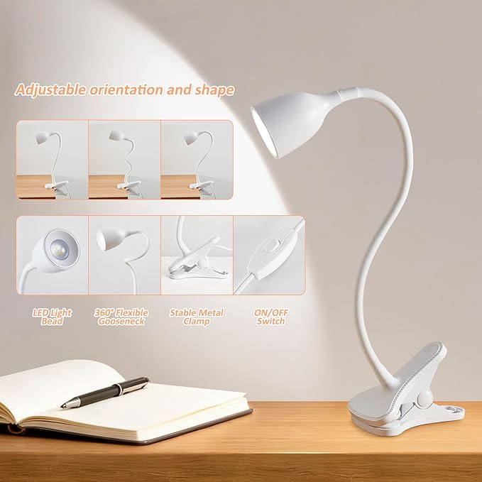 Desk Lamp for Home Office - Clip on Reading Light and Bed Headboard Clamp Lamp, Bedside Gooseneck Table Lamp, Clip on Desk Lamps, Eye-Caring Desk Lamp for College Dorm Room Study Lamp, White
