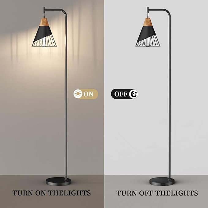 67" Industrial Floor Lamp with Wood & Black Metal Shade, Modern Standing Lamp, Rustic Farmhouse Tall Lamp for Living Room Bedroom Office, 2700K Bulb & Foot Switch Included (Black)
