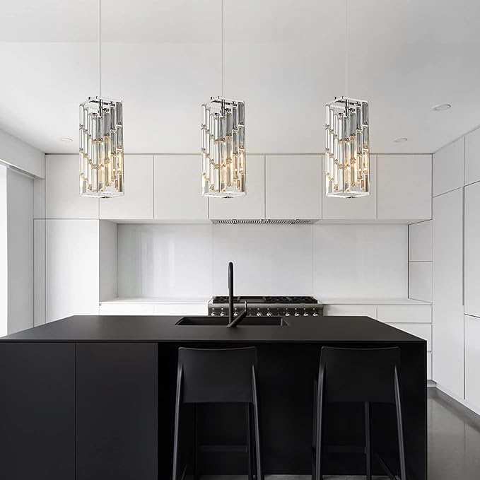 Chrome Pendant Lighting Modern Pendant Light, Mini Crystal Chandeliers,Adjustable Pendant Light Fixture for Kitchen Island Dinning Room Bedroom (3 Pack)