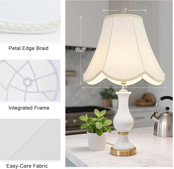 Bell Lamp Shades Set of 2, Scalloped Lamp Shade with Petal Edge Braid, 6"Top x 13"Bottom x 10.6"High, Barrel Lamp Shades with Spider, Harp Holders, Replacement Lampshades for Table Lamp, Floor Lamp