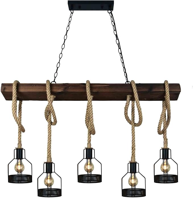 Farmhouse Pendant Lights Kitchen Island, Kitchen Light Fixtures, Rustic Dining Room Light Fixture with 5 E26 Bulb Sockets, Black Metal and Wood Beam Ceiling Pendant Light Fixtures