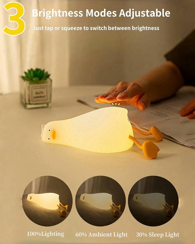 Lying Flat Duck Night Light, Squishy Duck Lamp with Tap Control, 30-Min Auto-Off Timer, Rechargeable Silicone Bedside Lamp for Kids Adults, [Easter Gifts]