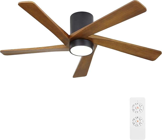 WINGBO 54 Inch Flush Mount DC Ceiling Fan with Lights and Remote, 5 Reversible Carved Wood Blades, 6-Speed Noiseless DC Motor, Hugger Ceiling Fan in Matte Black Finish with Walnut Blades, ETL Listed