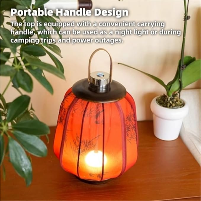 Simple Rechargeable Lantern Table Lamp with Touch Switch, Retro Chinese Small Night Light with Portable Handle, Elegant Decorative Fabric Nightstand Lamp for Bedroom Living Room(Blue)