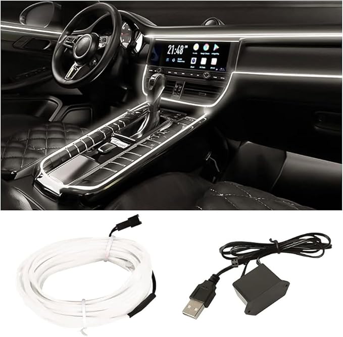 EL Wire Interior Car LED Strip Lights, USB Car Neon Light Strip with Sewing Edge, 16FT Neon Light 5V with Fuse Protection, Electroluminescent Car Indoor Decorations (White)