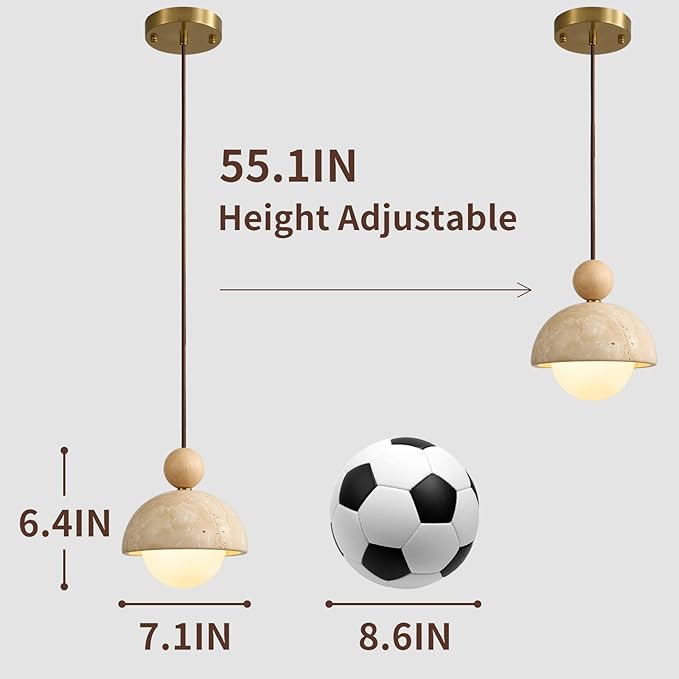 Wabi Sabi Travertine Pendant Light, 7.1 inch Natural Stone & Wood Hanging Lamp for Kitchen Island, Hallway, Bedroom, Dining Room Ceiling Decor (G9 Bulb, Stone Round, 1pcs)