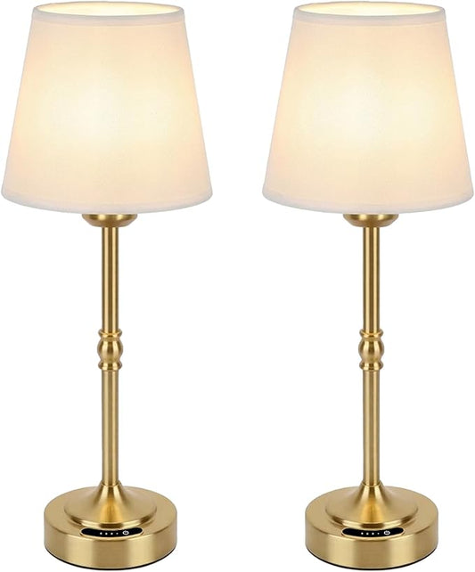 OUTON 2 Pack Cordless Table Lamp Rechargeable, Touch Dimmable LED Lamp with Fabric Shade, 3 Color Temperatures, USB-C Charging, Battery Display, Memory Function for Bedroom Living Room Patio, Gold