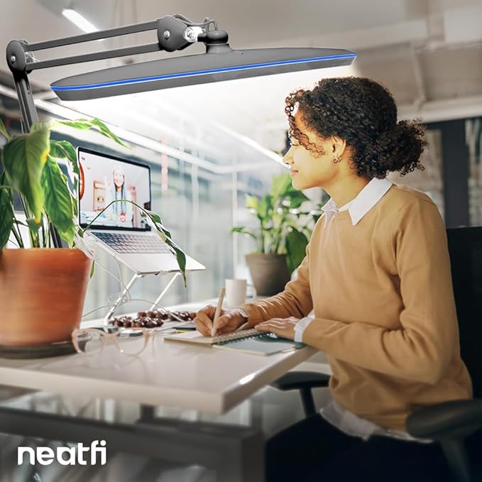 Neatfi XL 2,200 Lumens LED Task Lamp, 20W, 182 SMD LEDs, 23-Inch Ultra-Wide, 4 Brightness Levels, 3 Light Modes, Dimmable, Eye-Caring, Glare-Free (CCT with Clamp, Silver)