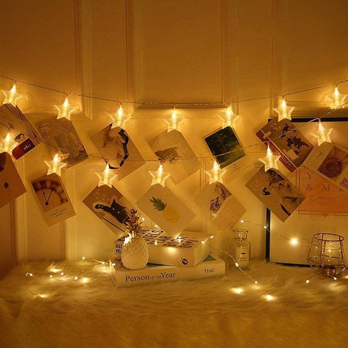 YOLIGHT Stars Photo Clips String Light, 10ft LED Photo Wall Decor Lights with 20 Clips, Battery Operated Star Fairy Lights for Dorm Room Christmas Party Wedding Valentines Day Decoration
